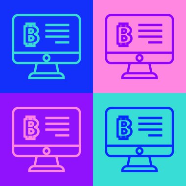 Pop Art Line Madencilik bitcoin Monitör ikonundan izole edilmiş renk arkaplanı. Kripto para birimi madenciliği, engelleme zinciri teknoloji servisi. Vektör.
