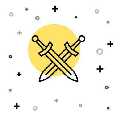 Siyah çizgi beyaz arka planda izole edilmiş ortaçağ kılıç simgesini geçti. Ortaçağ silahı. Rastgele dinamik şekiller. Vektör.