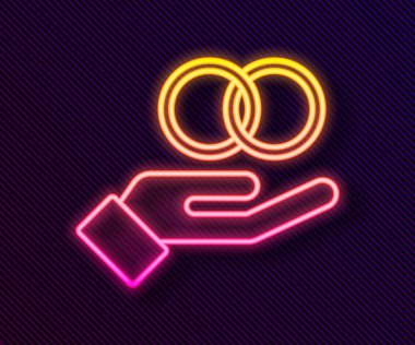 Parlayan neon çizgisi alyans simgesi siyah arkaplanda izole edildi. Gelin ve damat mücevher tabelası. Evlilik sembolü. Elmas yüzük. Vektör.