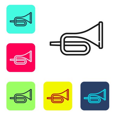 Siyah çizgi müzik aleti trompet ikonu beyaz arka planda izole edildi. Renkli kare düğmelerle simgeleri ayarla. Vektör.