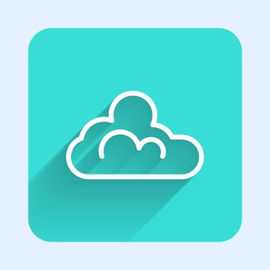 Beyaz çizgi Bulut hava ikonu uzun gölgeli izole edildi. Yeşil kare düğmesi. Vektör.