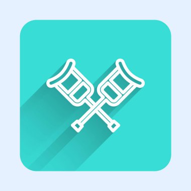 Uzun gölgeli beyaz çizgi ya da koltuk değnekleri simgesi. Kas iskeleti hastalığı olan insanların rehabilitasyonu için gerekli ekipman. Yeşil kare düğmesi. Vektör.