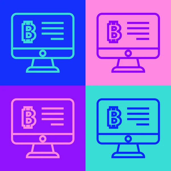 Pop Art Line Mining Bitcoin Monitor Icon Isolated Color Background — Stock Vector