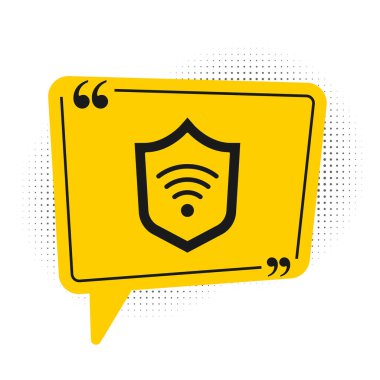 Kablosuz internet ağ sembolü simgesi olan Siyah Kalkan beyaz arkaplanda izole edildi. Güvenlik konsepti. Sarı konuşma balonu sembolü. Vektör.