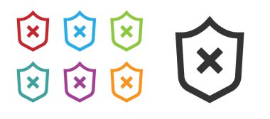 Beyaz arka planda çapraz iz simgesine sahip Siyah Kalkan. Kalkan ve reddedildi. Reddetme bildirimi. Simgeleri renklendirin. Vektör.