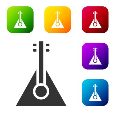 Beyaz arkaplanda siyah müzik aleti Balalaika simgesi izole edildi. Renkli kare düğmelerle simgeleri ayarla. Vektör.