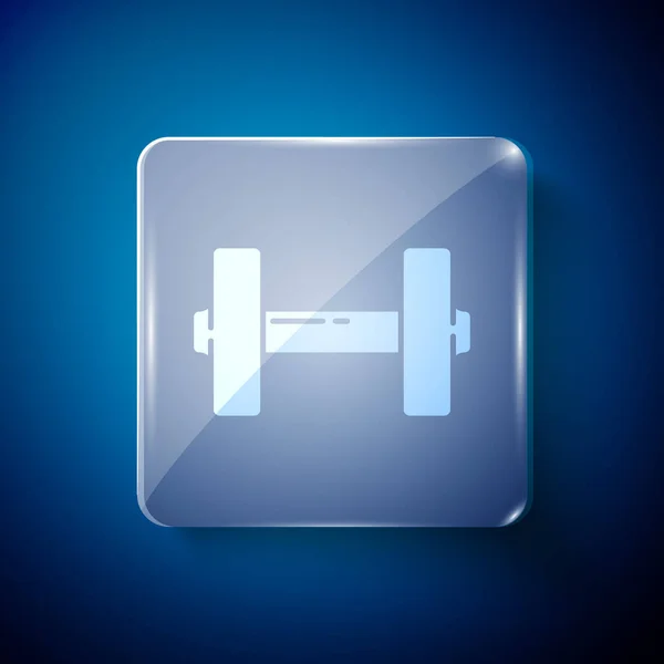 白のダンベルアイコンは青の背景に隔離されています 筋肉のリフティングアイコン フィットネスバー スポーツ用品 運動のバンベル 正方形のガラスパネル ベクターイラスト — ストックベクタ