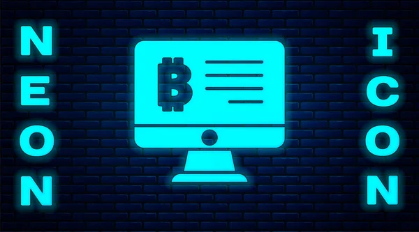 Glowing Neon Mining Bitcoin Monitor Icon Isolated Brick Wall Background — Wektor stockowy