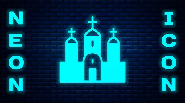 Glödande Neon Kyrka Byggnad Ikon Isolerad Tegel Vägg Bakgrund Kristna — Stock vektor