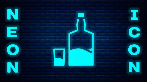 Zářící Neon Tequila Láhev Skleněná Ikona Izolované Cihlové Zdi Pozadí — Stockový vektor