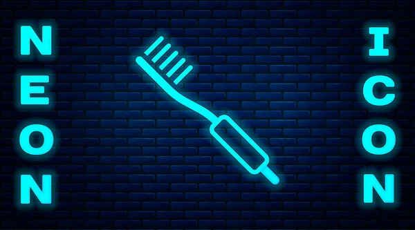 Leuchtende Neon Zahnbürste Symbol Isoliert Auf Backsteinwand Hintergrund Vektor — Stockvektor