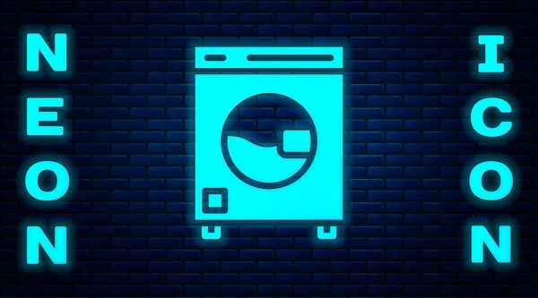 輝くネオンレンガの壁の背景に隔離されたワッシャーのアイコン 洗濯機のアイコン 洗濯機 洗濯機 家電製品のシンボル ベクトル — ストックベクタ