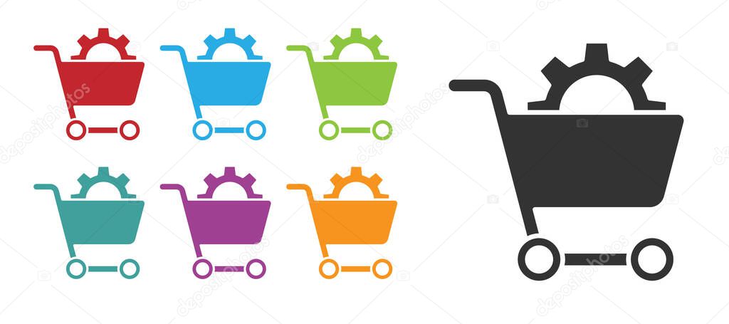 Black Shopping cart icon isolated on white background. Online buying concept. Delivery service. Supermarket basket. Set icons colorful. Vector.