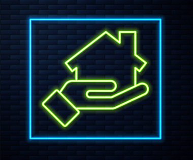 Parlayan neon hattı emlakçı simgesi tuğla duvar arkasında izole edildi. Ev almak. Vektör İllüstrasyonu.