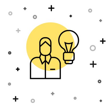 Beyaz zemin üzerinde lamba ikonu olan siyah çizgi insan. Fikir kavramı. Rastgele dinamik şekiller. Vektör.