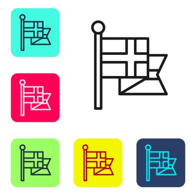 Beyaz arka planda siyah bayrak direği simgesi var. Renkli kare düğmelerle simgeleri ayarla. Vektör.