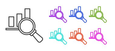 Beyaz zemin üzerinde siyah çizgi büyüteç ve veri analiz simgesi izole edildi. Simgeleri renklendirin. Vektör.