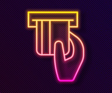 Siyah arkaplanda izole edilmiş kart okuyucu simgesine eklenen parlak neon hattı kredi kartı. ATM para makinesi. Vektör.