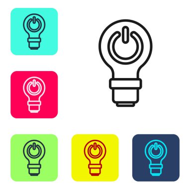 Siyah çizgi ampulü beyaz arkaplanda izole edilmiş yıldırım sembolü simgesi. Lamba ışığı. Fikir sembolü. Renkli kare düğmelerle simgeleri ayarla. Vektör.