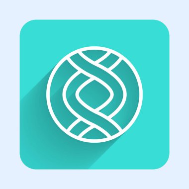 Beyaz çizgi DNA sembolü uzun gölgeli izole edilmiş. Genetik mühendisliği, genetik testler, klonlama, babalık testleri. Yeşil kare düğmesi. Vektör.