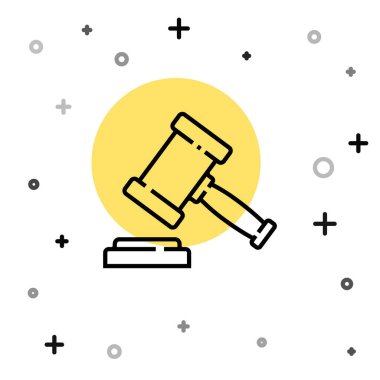 Siyah çizgi Yargıç Tokmak ikonu beyaz arka planda izole edildi. Gavel cezaların, faturaların, mahkemenin, adaletin hükmünü verecek. Açık arttırma çekici. Rastgele dinamik şekiller. Vektör.