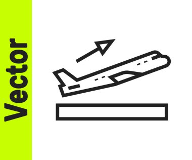 Siyah çizgi uçak kalkış ikonu beyaz arka planda izole edildi. Uçak taşıma sembolü. Vektör.