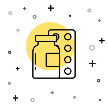 Siyah çizgili haplar beyaz arka planda izole edilmiş. İlaç paketi. Tablet, vitamin, antibiyotik, aspirin. Rastgele dinamik şekiller. Vektör.