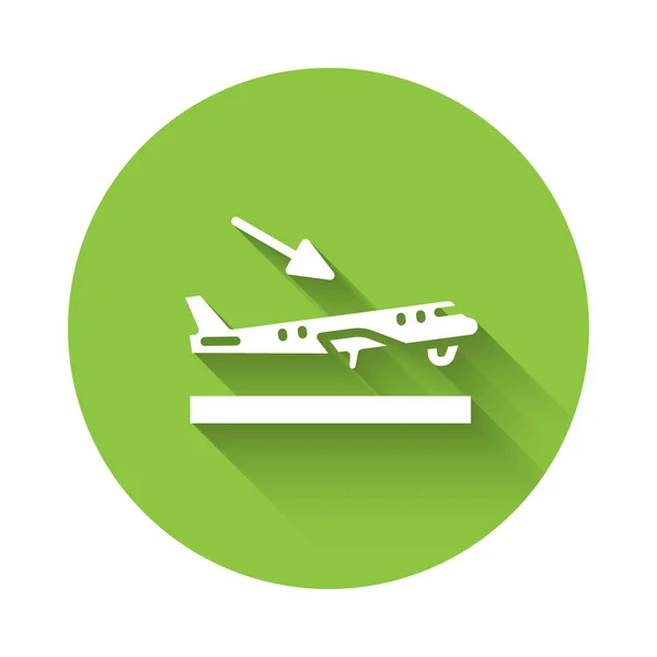 White Plane Landing Icon Isolated Long Shadow Airplane Transport Symbol — Archivo Imágenes Vectoriales