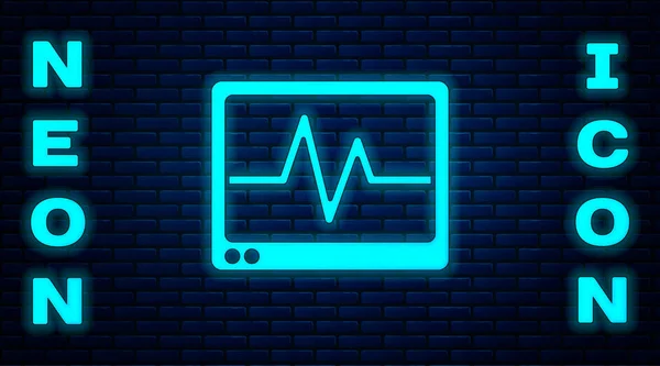 Glowing Neon Computer Monitor Cardiogram Icon Isolated Brick Wall Background — Stock Vector