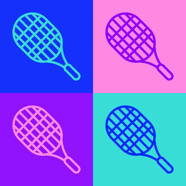 Pop Art Linie Tennisschläger Symbol Isoliert Auf Farbigem Hintergrund Sportgeräte — Stockvektor