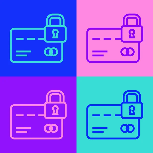 Pop Art Line Credit Card Lock Icon Isolated Color Background — Stock Vector