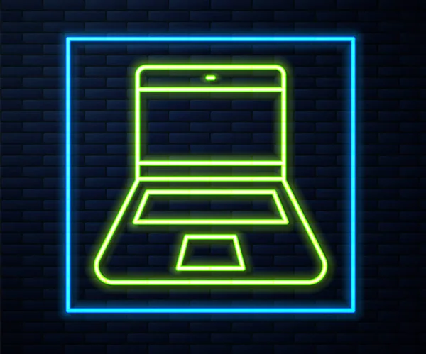 Glowing Neon Line Laptop Icon Isolated Brick Wall Background Computer — Stock Vector