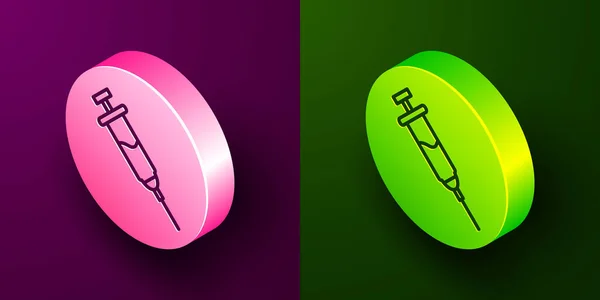 Isometric Line Doping Syringe Icon Isolated Purple Green Background Circle — Archivo Imágenes Vectoriales