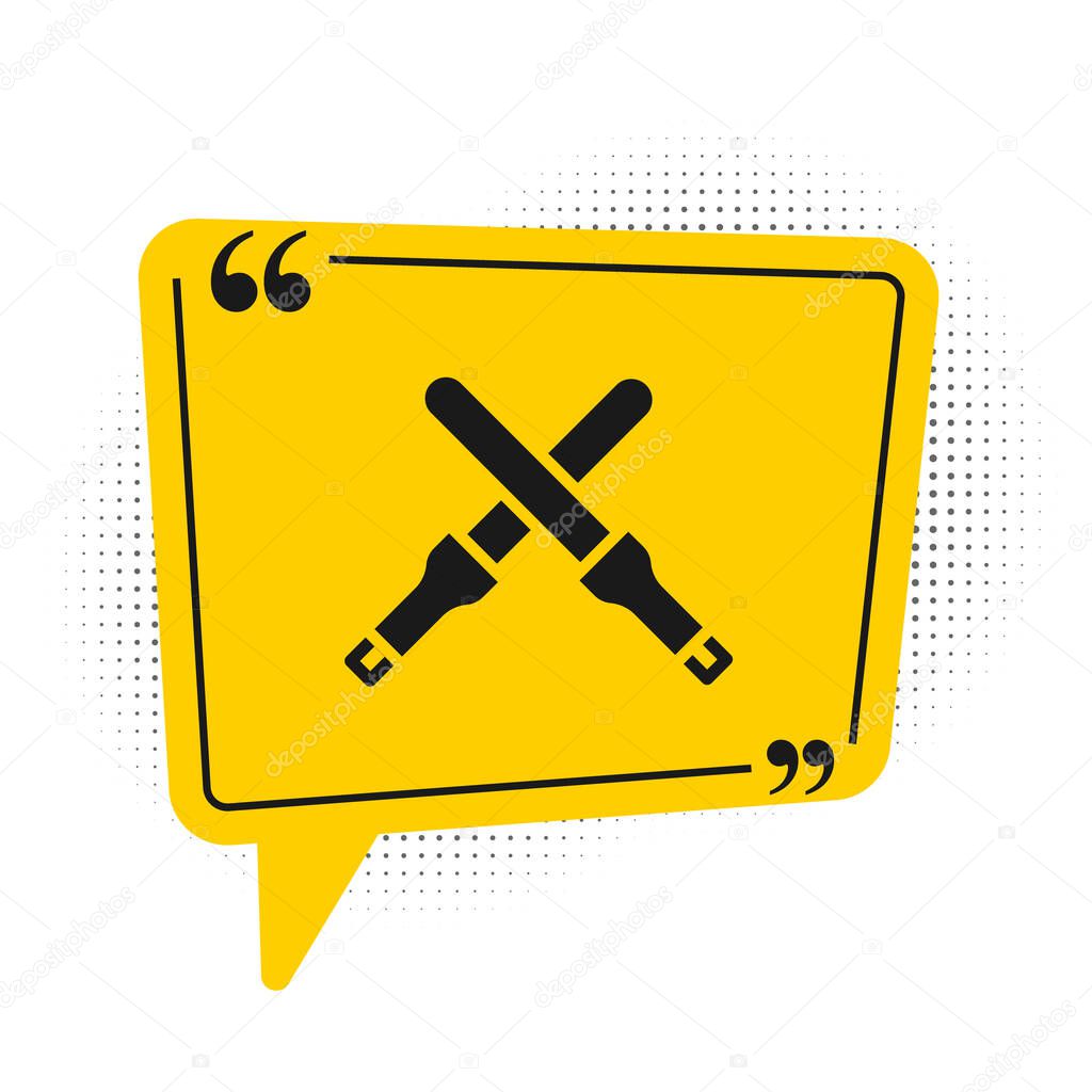 Black Marshalling wands for the aircraft icon isolated on white background. Marshaller communicated with pilot before and after flight. Yellow speech bubble symbol. Vector.