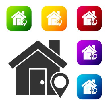 Beyaz arkaplanda ev simgesi olan siyah harita işaretçisi. Ev konumu belirleyici sembol. Renkli kare düğmelerle simgeleri ayarla. Vektör İllüstrasyonu.