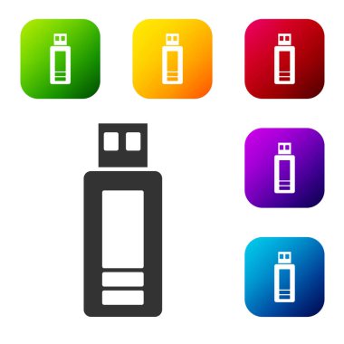 Siyah USB flash disk simgesi beyaz arkaplanda izole edildi. Renkli kare düğmelerle simgeleri ayarla. Vektör.