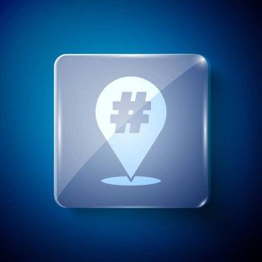 Mavi arkaplanda beyaz protesto simgesi izole edildi. Toplantı, protestocu, grev, konuşma, pankart, protesto pankartı, dilekçe, lider, broşür. Kare cam paneller. Vektör.