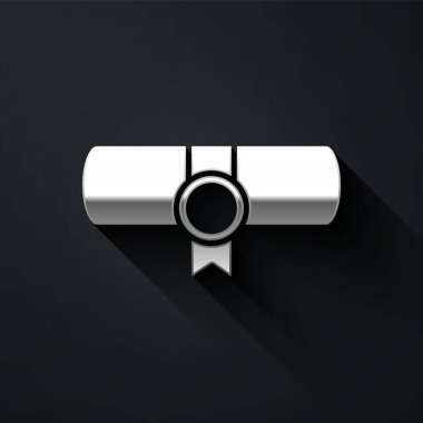 Gümüş KHK, kağıt, parşömen, parşömen simgesi siyah arkaplanda izole edilmiş. Uzun gölge tarzı. Vektör.