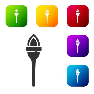 Siyah Meşale alev simgesi beyaz arkaplanda izole edildi. Sembol ateşi sıcak, alev gücü, alev ve ısı. Renkli kare düğmelerle simgeleri ayarla. Vektör.