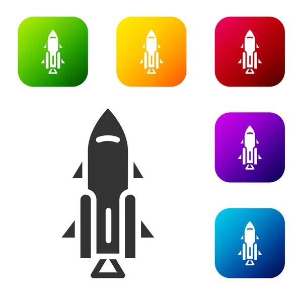 Black Rocket Ship Fire Icon Isolated White Background Space Travel — Stock Vector