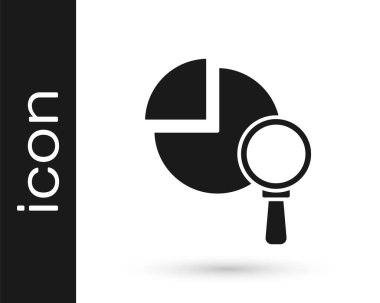 Beyaz zemin üzerinde siyah büyüteç ve veri analiz simgesi izole edildi. Vektör.