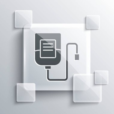 Gri arka planda gri serum ikonu izole edildi. Kan torbası. Kan bağışı konsepti. Tedavi ve terapi kavramı, kemoterapi. Kare cam paneller. Vektör.