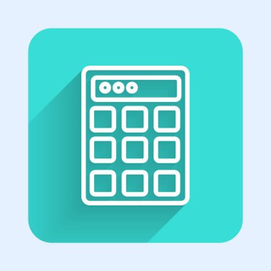 Beyaz çizgi şifre koruması ve uzun gölgeli güvenlik erişim simgesi. Güvenlik, güvenlik, koruma, gizlilik kavramı. Yeşil kare düğmesi. Vektör.