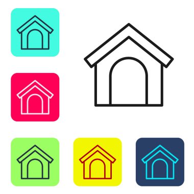 Beyaz arka planda siyah çizgi köpek evi simgesi izole edildi. Köpek kulübesi. Renkli kare düğmelerle simgeleri ayarla. Vektör.