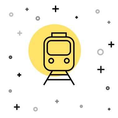 Siyah hat tren ve demiryolu ikonu beyaz arka planda izole edildi. Toplu taşıma sembolü. Metro treni nakliyesi. Metro yeraltı. Rastgele dinamik şekiller. Vektör.