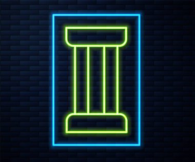 Parlayan neon hattı Kadim sütun simgesi tuğla duvar arka planında izole edildi. Vektör.