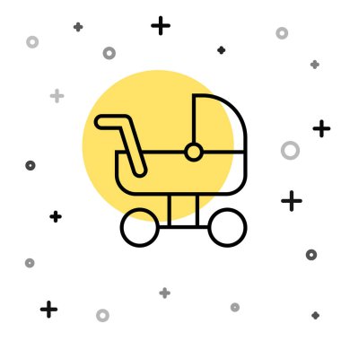 Siyah çizgi bebek arabası simgesi beyaz arkaplanda izole edildi. Bebek arabası, at arabası, bebek arabası, bebek arabası, tekerlek. Rastgele dinamik şekiller. Vektör.