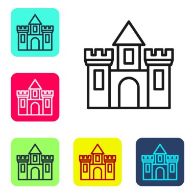 Beyaz arka planda siyah çizgi Castle simgesi izole edildi. Kulesi olan bir ortaçağ kalesi. Düşmanlardan koruma. Şehrin güvenilirliği ve savunması. Renkli kare düğmelerle simgeleri ayarla. Vektör.