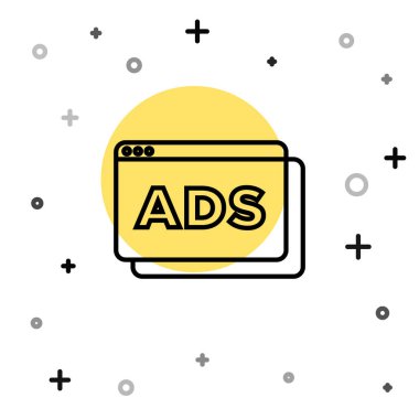 Beyaz arkaplanda siyah çizgi reklam simgesi izole edildi. Pazarlama ve tanıtım süreci kavramı. İlgili reklamlar. Sosyal medya reklamcılığı. Rastgele dinamik şekiller. Vektör.