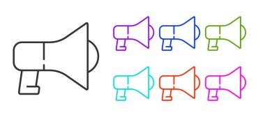 Siyah çizgi Megafon simgesi beyaz arkaplanda izole edildi. Sözcü işareti. Simgeleri renklendirin. Vektör.